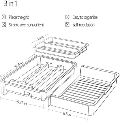 HornTide 3-in-1 Cutlery Tray, Expandable Utensils Holder, Plastic Kitchen Drawer Organizer for Silverware Storage and More - White