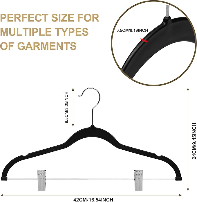 Quality Plastic 20-Pack - Non Velvet Non-Flocked Thin Compact Coat Hangers with Metal Clips for Skirts Pants Blouses - 360° Swivel Hook (Black, 20)