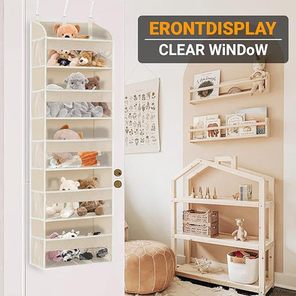 5 Layers Over The Door Organizer with Clear Window, 10 Mesh Side Pockets and 3 Hooks, 1 Pack Large Pockets Heavy Duty Hanging Storage for Bedroom/Bathroom/Pantry/Nursery (Beige-1)