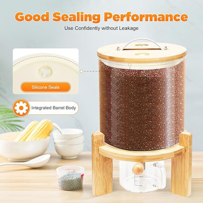 Rice Dispenser, 5L Glass Rice Container Cereal Container with Bamboo Stand Large Food Storage Container Flour Organization with Airtight Lid & Measuring Cup for Grain Legumes (5L)