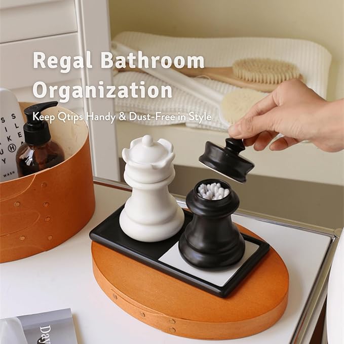 King and Queen Chess Piece Qtip Holder Bathroom Set with Mini Chessboard Base, Novelty Ceramic Storage Containers for Toothpicks, Cotton Swabs, Floss - Elegant Desk Decor, Unique Gift for Chess Lovers