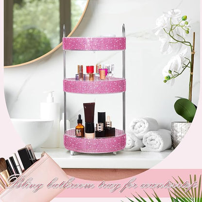 Honeydak 360 Rotating Perfume Organizer for Mother Day Nurse Day Rhinestone Bathroom Counter Organizer Makeup Holder Skincare and Perfume Storage for Cosmetic Countertop(3 Tiers,Resin Stone,Pink)