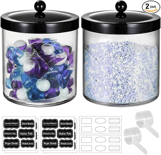 Amolliar 50 Oz Apothecary Jar - 2 Pack Clear Container with Stainless Steel Lid, Plastic Jar for Laundry Room Organization & Pods Storage, Bathroom Vanity Organizer, Kitchen Countertop Decor(Black)