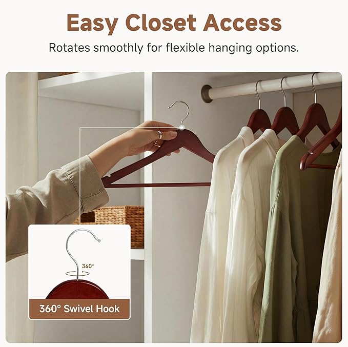 StorageWorks Wooden Hangers 30 Pack, Wood Coat Hangers for Closet, Heavy Duty Clothes Hangers for Suits, Shirts, Pants, Jackets, Dark Cherry Color