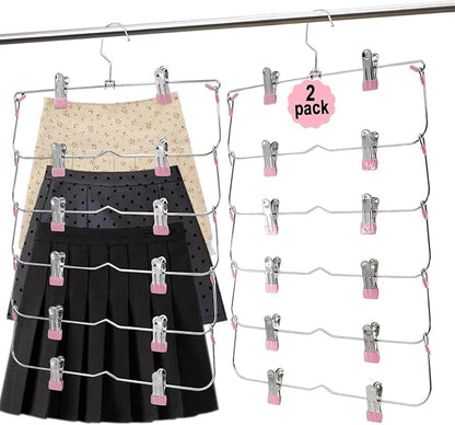 Skirt Pants Hangers with Clips,6Tier Skirt Hangers Space Saving,Metal Multi Pants Hangers and Storage Multi Clothes Shorts Hanger Organization,Space Saving Hangers with Clips (Pink, 2-Piece Set)