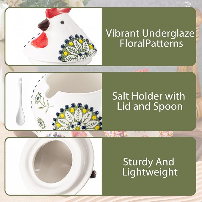 Ceramic Salt Cellar with Lid and Spoon, 13 oz Large Chicken Salt Jar, Chicken Sugar Containers for Countertop, Decorative Kitchen Holder for Coffee, Pepper, Seasonings, Spices, Candy(Green)