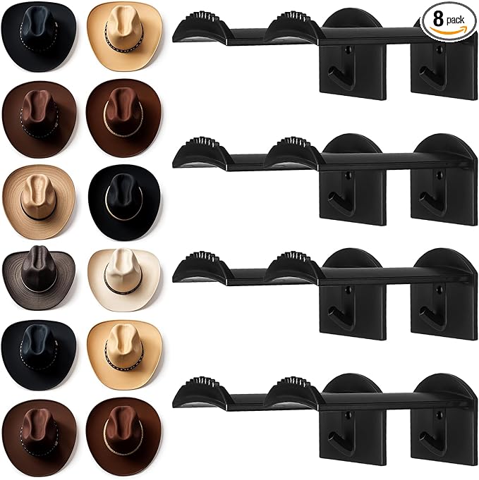 Dntorx 2.9 Inch Hat Hooks for Wall, 8 Pack Cowboy Hat Holder Wide Brimmed Hat Rack Organizer Strong Adhesive Cowboy Hat Hangers Storage Wall Mount for Cowboy, Sun Hats, Baseball Caps (Black)