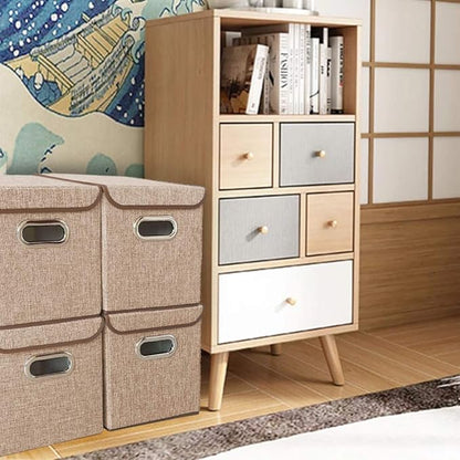 Storage Bin [Set of 4] Linen Fabric Foldable Container with Lid, Collapsible Organizer Boxes Cubes – 10 x 10 x 10 Inches (Beige)