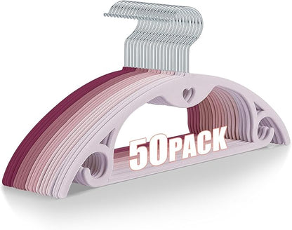 Velvet Hangers 50 Pack: Felt Clothes Hangers Heavy Duty Shirt Sweater Hangers No Shoulder Bump Non Slip Slim Thin Coat Hangers for Closet - Pink Multi