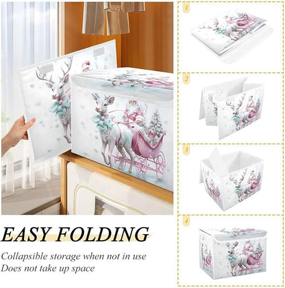 Christmas Baskets Collapsible Storage Bins with Lids, Christmas Santa Claus Pink Reindeer Storage Boxes Clothes Baskets for Organizing