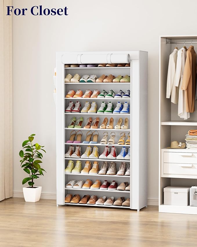 Kitsure Shoe Rack - 10-Tier Shoe Organizer with Zippered Dust Cover & Side Pockets, Easy to Assemble, Space Saving Shoe Rack for Closet, Entryway, Living Room, 33" x 12.4" x 69.3", White