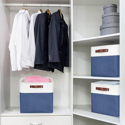 Bagnizer 13x13 Cube Storage Bins, Collapsible Fabric Storage Box, 4 Pack Closet Baskets with Handles for Organizing, Shelf, Toys, Clothes, Home, Office, Nursery (NavyBlue&White)