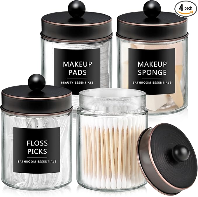 SheeChung 4-Pack Glass Qtip Holder Dispenser - Rust-Proof Stainless Steel Apothecary Jars with Labels -Bathroom Organizer for Cotton Swabs, Balls, Pads-Vintage Rustic Decor (Oil Rubbed Bronze)