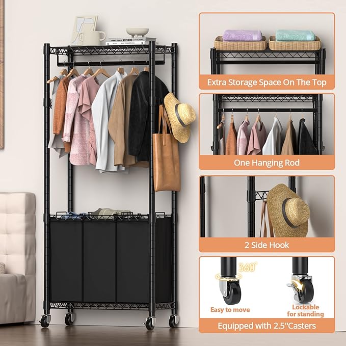 Hodonas Rolling Laundry Basket Organizer with Wheels and Hanging Bar, Laundry Hamper Cart Laundry Sorter 3 Section, Dirty Clothes Hampers for Laundry Bedroom Bathroom w/ 3 Removable Bags, Black