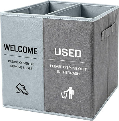 Foldable Shoe Cover Bin Storage Box Storage Dispenser Holder with Used Shoe Covers and Welcome Please or Remove Sign for Open House Supplies (grayish blue)