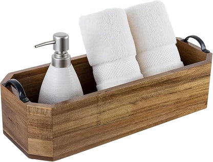 MyGift Wooden Bathroom Tray - Toilet Tank Organizer Basket, Wood Toilet Paper Holder & Toiletry Caddy with Metal Handles for Vanity Countertop
