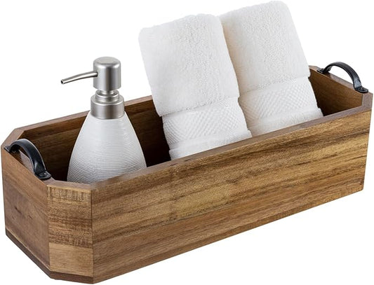 MyGift Wooden Bathroom Tray - Toilet Tank Organizer Basket, Wood Toilet Paper Holder & Toiletry Caddy with Metal Handles for Vanity Countertop