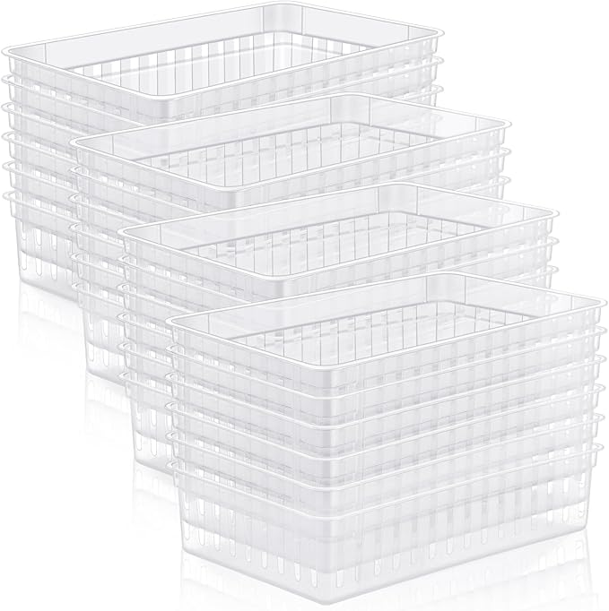 Wenqik 24 Pcs Plastic Storage Baskets for Classroom Organizing Small Pantry Storage Bins Rectangular Tray for Back to School Household Toys Classroom Bedrooms, Kitchens Countertops(Clear)