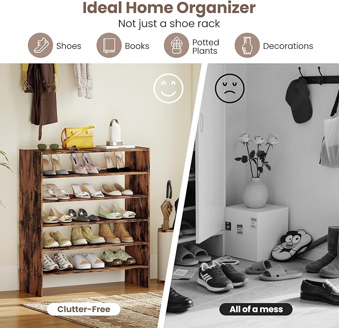 Giantex 3-in-1 Vertical Shoe Rack, 6-Tier Free Standing Shoe Storage Organizer w/Stackable Design for 18 Pairs, 31 Inch Wide Wood Shoe Shelf for Closet, Entryway, Living Room, Office, Brown