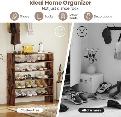 Giantex 3-in-1 Vertical Shoe Rack, 6-Tier Free Standing Shoe Storage Organizer w/Stackable Design for 18 Pairs, 31 Inch Wide Wood Shoe Shelf for Closet, Entryway, Living Room, Office, Brown