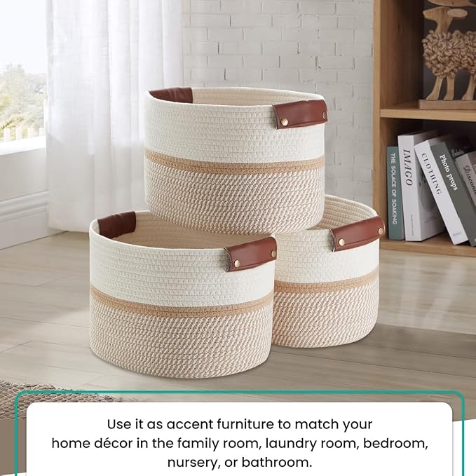 3 Pack Cotton Rope Storage Basket Woven Shelf Storage Bin with Faux Leather Handles, Decorative Closet Shelf Woven Basket for Storage Organizers, 15 x 10 x 9, White/Brown
