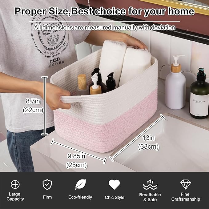 OIAHOMY Woven Storage Basket for Shelves, Rectangle Cotton Rope Baskets for Organizing, 13 x 10 x 9 in, Storage Bins for Dog Toys,Towel,Books,Gift,Pink and White