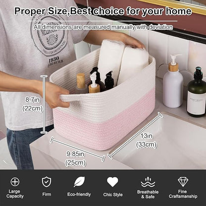 OIAHOMY Woven Storage Basket for Shelves, Rectangle Cotton Rope Baskets for Organizing, 13 x 10 x 9 in, Storage Bins for Dog Toys,Towel,Books,Gift,Pink and White