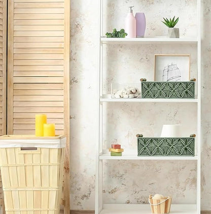 HOSROOME Macrame Boho Decor Baskets for Organizing Woven Decorative Basket for Countertop Toilet Paper Basket for Tank Top for Home Decor Bedroom Nursery Livingroom Entryway (Set of 2,Green)