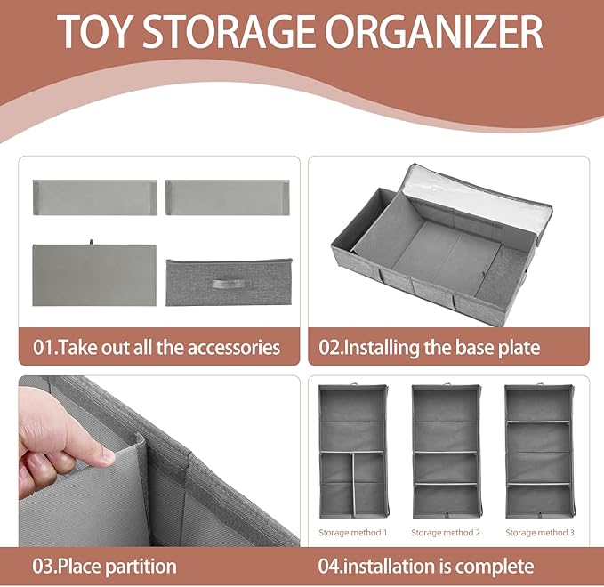 2-Pack Under Bed Toy Storage Boxes, Grey Toy Organizer with Clear PVC Lid, Foldable Under Couch Storage Bins (31.8×16×5.9in), Toys Storage Containers for Plush Dolls, Books, Clothes, Shoes & Blankets