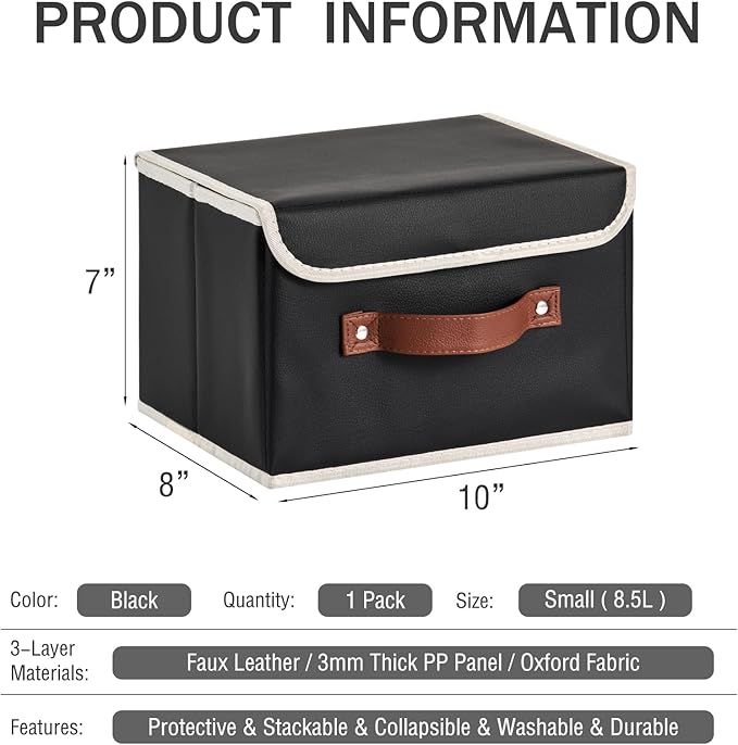 Storage Bins Box with Lids Decorative PU Leather Fabric Baskets Cubes with Handles PP Plastic Board Foldable Washable Lidded Clothing Shelf Closet Organizer Container (Black, Small)