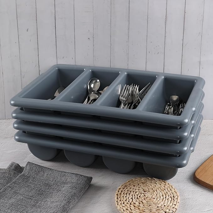 Obstnny 4-Pack Commercial Cutlery Bin, 4-Compartment Plastic Silverware Organizer Trays