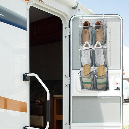2 Pack Hanging Shoe Organizer for Closet,6 Mesh Pockets Wall Mounted Shoes Rack,Hanging Over the Narrow Door Shoe Organizer for RV Camper,Travel Camping,Cruise Ship,Dorm,Guest Room(Grey)