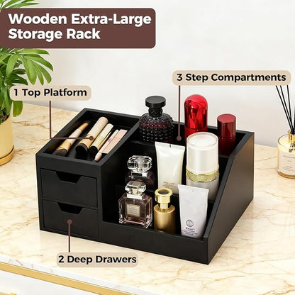 Countertop Perfume & Makeup Organizer - Wooden Rack, Cologne Stand Shelves & Skincare Organizer for Bedroom Dresser, Organizador de Perfumes Estante para Perfumes (Middle, 01) (Black, 01)