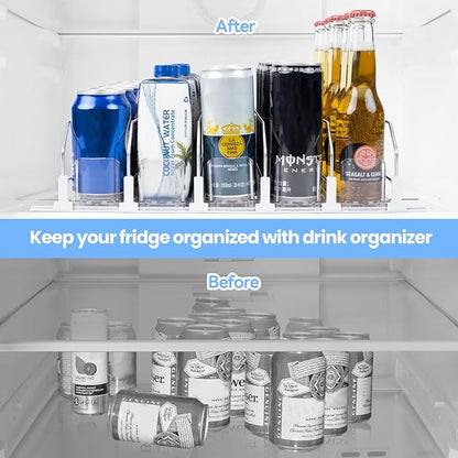 Drink Organizer for Fridge - Self Pushing Glide Refrigerator Drink Organizer, Adjustable Width Soda Dispenser Spring Loaded Beverage Storage, 5 Row