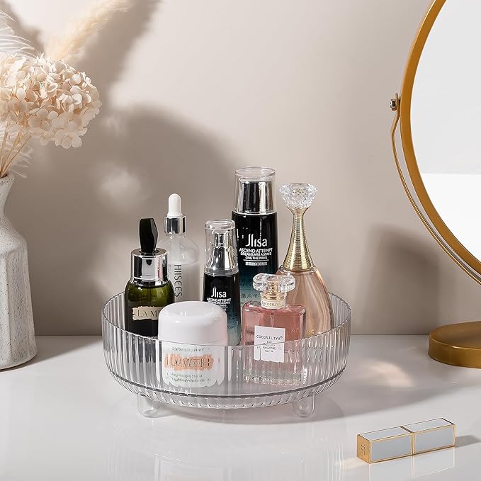 360 Rotating Makeup Organizer Perfume Tray Skincare Holder Spinning Cosmetic Storage Bathroom Countertop Organizer Lazy Susan Turntable for Dresser, Vanity, Kitchen, Small Clear