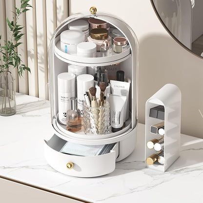 Skincare Organizers with Lids, 360 Rotating Makeup Storage Organizer with Lipstick Holder,Cosmetics Skincare Organizers with Lid and Drawer Cosmetic Display Cases for Countertop (Black)