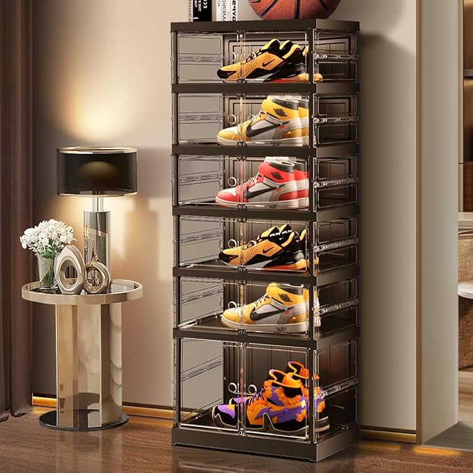 EHAMILY 6-Tier Collapsible Shoe Storage Rack - Large Plastic Shoe Organizer with Doors, Quick Assembly, Black
