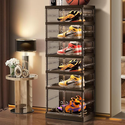 EHAMILY 6-Tier Collapsible Shoe Storage Rack - Large Plastic Shoe Organizer with Doors, Quick Assembly, Black