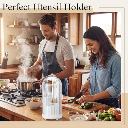 2 Pack 360° Rotating Silverware Organizer, Utensil Holder with Lid for Kitchen Counter, Silverware Caddy with Drainage Dustproof Flatware Holder for Cutlery Spoon Fork Storage, White(3 Slot)