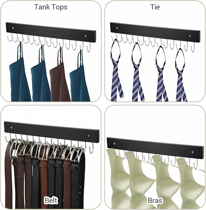 4 Pack Necklace Holder Wall Mount, Tangle-Free Wall Necklace Organizer with 14 Hooks, Wooden Jewelry Hanger, for Chains, Bracelets, Earrings, Black