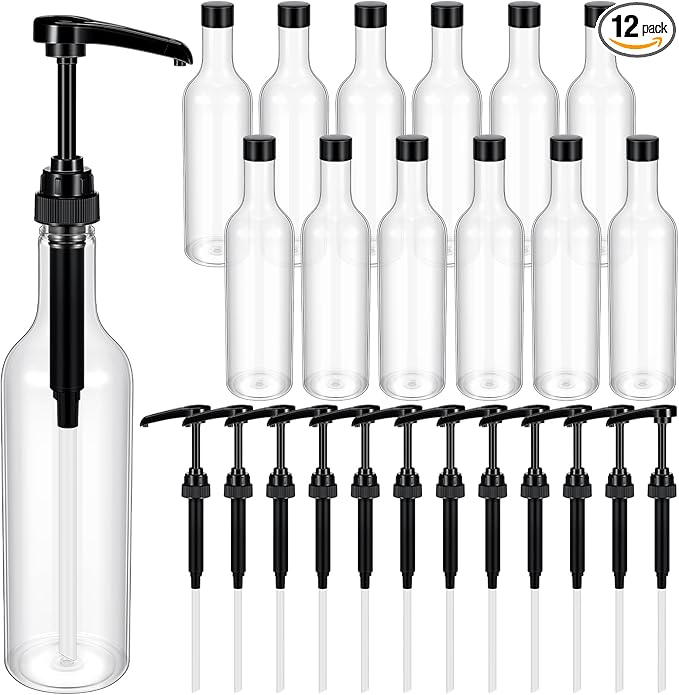 Maxdot 12 Pcs 25 oz Syrup Bottles with Pump Long Neck Bottles Plastic Syrup Pump Dispenser for Coffee Bar Accessories Home Party (Black)
