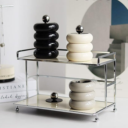 Tissting Qtip Holder Dispenser 7.8 x 12.5cm Black Resin Doughnut Shape Cotton Swab Storage Container with Lid, Qtip Dispenser Jars for Bathroom Vanity