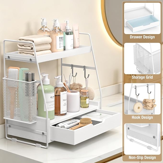 2 Tier Bathroom Counter Organizer Wood - Tiered Bathroom Countertop Shelf with Drawer, Removable Basket & 2 Hooks, Makeup Vanity Organizer for Skincare Perfume Toiletries, 13'' White
