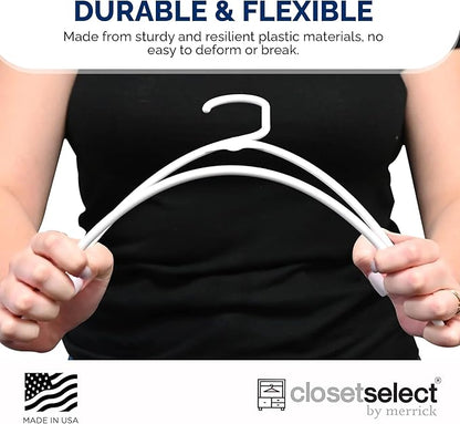 Homeselect 50 Pk Plastic Clothes Hangers Made in USA, No Shoulder Bumps, Space Saving, Hooks for Dresses and Strap, White, 6lb Capacity