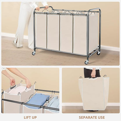 STORAGE MANIAC Laundry Sorter 4 Section, 47.8 Gal (181 L) Laundry Hamper with Wheels, Clothes Divider Basket Sorter, Clothes Separator Hamper Cart with Wheels and Removable Bags, Beige