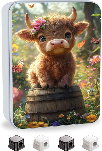 Metal Tin Box with Lid for Game Cards Home Large Organizer Candles Keys Crafts Storage - Comes with 4 Magnetic Cord Clips，Cute Highland Calf Floral