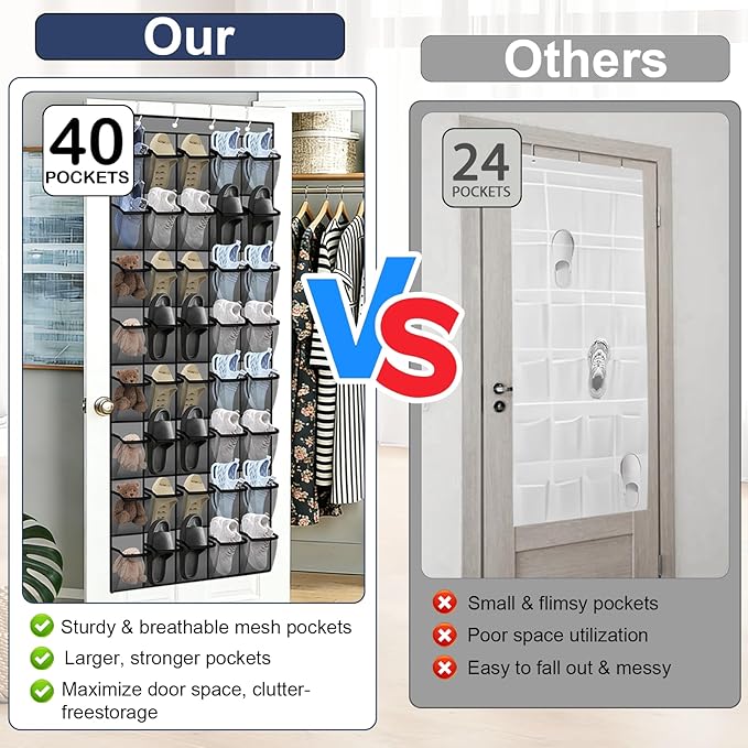 Over the Door Shoe Organizer - 40 Large Breathable Mesh Pockets, Space Saving Hanging Shoe Organizer with Metal Hooks, Hanging Shoe Rack for Men's and Women's Shoes (Grey)