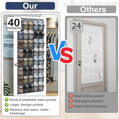 Over the Door Shoe Organizer - 40 Large Breathable Mesh Pockets, Space Saving Hanging Shoe Organizer with Metal Hooks, Hanging Shoe Rack for Men's and Women's Shoes (Grey)