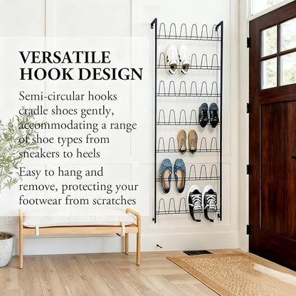 6 Tiers Metal Hanging Shoe Rack for 18 Pairs, Space-Saving Shoe Storage Shelf, Wall Mounted Shoe Organizer Tower for Entryway, Home, Retail Stores (Black)