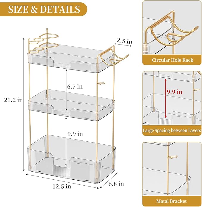 Bathroom Counter Organizer for Vanity, Makeup Organizer Countertop with Holder, Large Capacity Storage Rack, Perfect Large Skincare, Hair Care, Perfume, Easy to Install (Clear, 3Tiers)